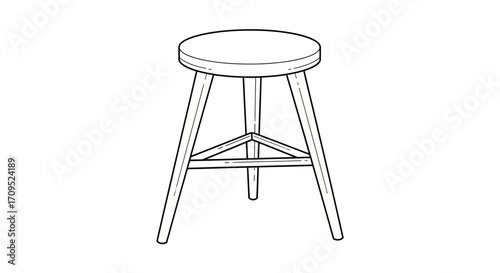 Simple wooden stool with three legs, hand-drawn sketch on white background