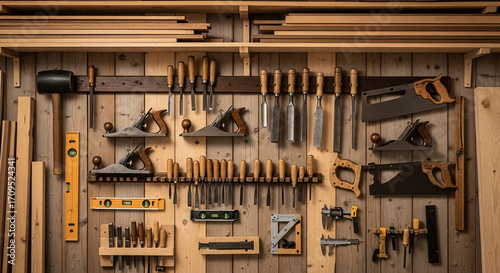 Woodworking tools organized and hanging on wooden workshop wall