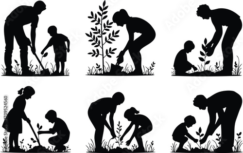 Family Gardening and Tree Planting Silhouette Vector Illustration,Family Tree Planting Kids Gardening Silhouettes,Man or woman children planting tree silhouettes,teamwork,tree plantation,eco,outdoor,A