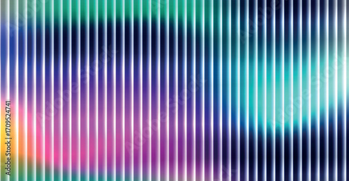 Trendy color horizontal background of ribbed glass effect. Iridescent plastic texture with striped overlay. Gradient banner with holographic texture. Vector illustration.