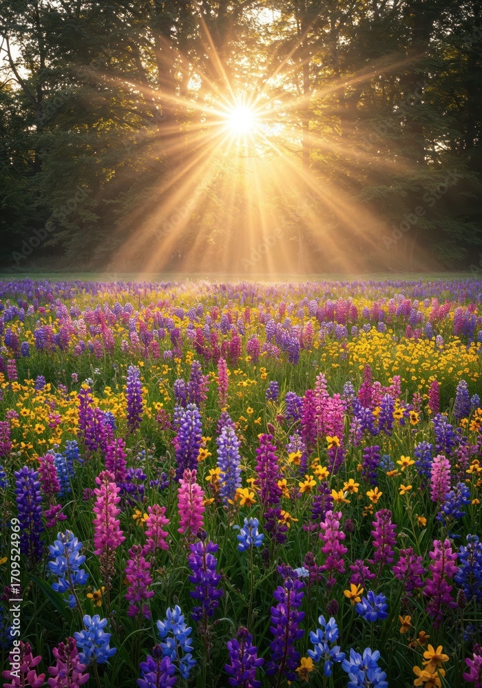Obraz premium Blooming Field Under Sunlight: A vibrant field of wildflowers is bathed in the golden rays of the sun, creating a scene of tranquility and natural beauty, inspiring awe.