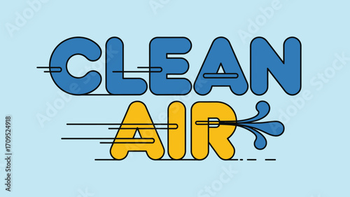 The words clean air in blue and yellow with motion lines on a light blue background illustration