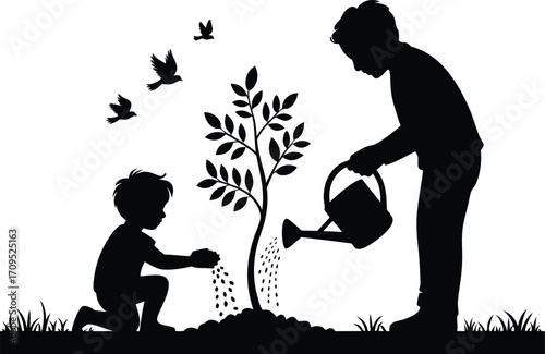 Family Gardening and Tree Planting Silhouette Vector Illustration,Family Tree Planting Kids Gardening Silhouettes,Man or woman children planting tree silhouettes,teamwork,tree plantation,eco,outdoor,A