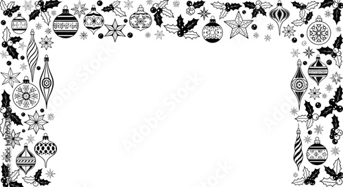 Festive holiday border with traditional Christmas ornaments and holly leaves for seasonal design