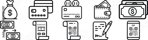 Various payment methods and financial transaction icons set