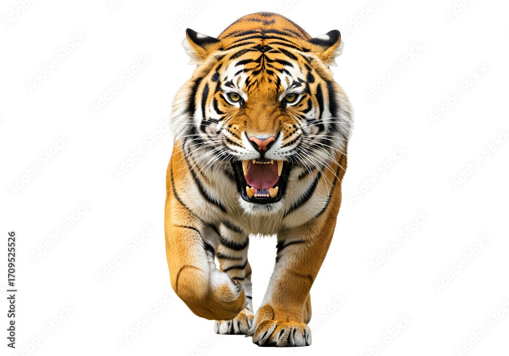 Naklejka premium A powerful tiger, mouth agape, strides forward against a stark black backdrop, showcasing its fierce demeanor and striking orange and black stripes.