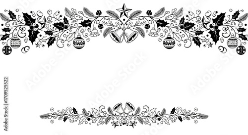 Elegant black and white Christmas decorative border with festive ornaments and foliage