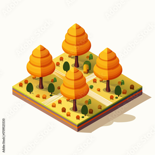 Vibrant autumn isometric landscape with stylized trees and autumnal foliage, perfect for design projects.