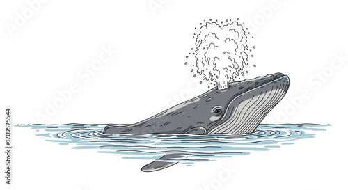 Whale spouting water while surfacing in hand-drawn ocean illustration