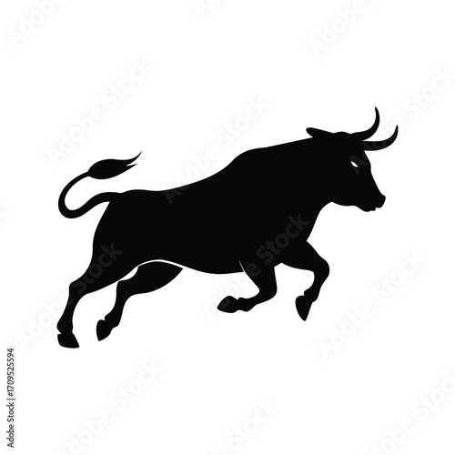 Powerful black bull silhouette leaping forward in a dynamic and strong illustration, bull running silhouette vector illustration