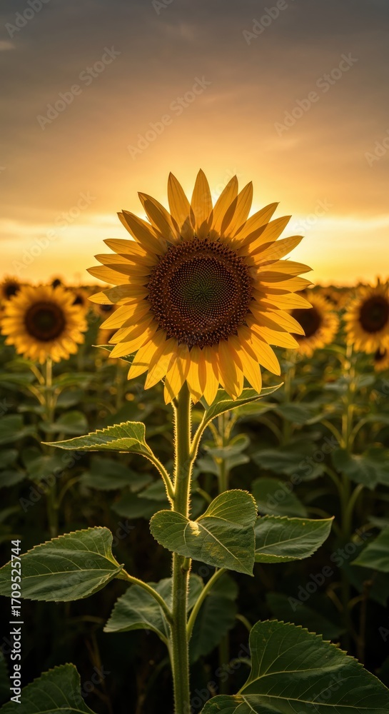Obraz premium Golden Sunflower at Sunset: A vibrant and sunlit sunflower stands tall in a field, basking in the golden glow of the setting sun, creating a captivating natural scene.