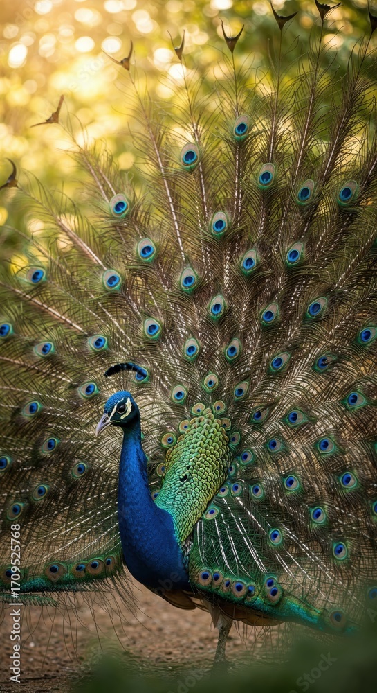 Obraz premium Peacock's Vibrant Display: A male peacock with an open fan of colorful feathers displays its beauty in the sunlight, showcasing elegance and artistry in nature. 