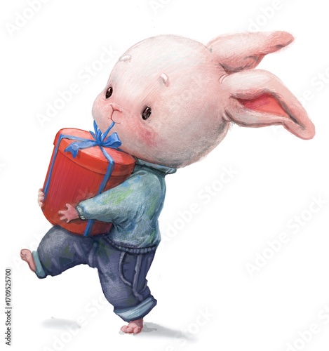 Cute white hare with a present box