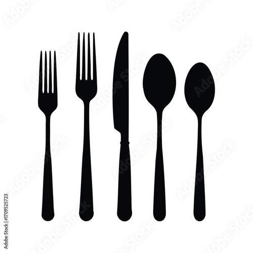 Elegant silhouette of five piece cutlery set on a crisp white background, cutlery set silhouette vector illustration
