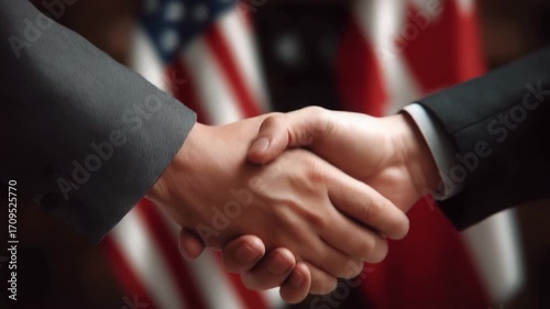 Two men shaking hands in front of the American flag. One of the men is wearing a suit. Faceless diplomat handshake in front of blurred US and Canada flags, trade talks corporate documentary muted