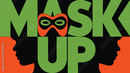 Graphic design featuring the words mask up with a mask icon and silhouette profiles in green and orange