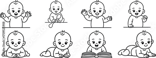 Collection of baby outline illustrations in various poses