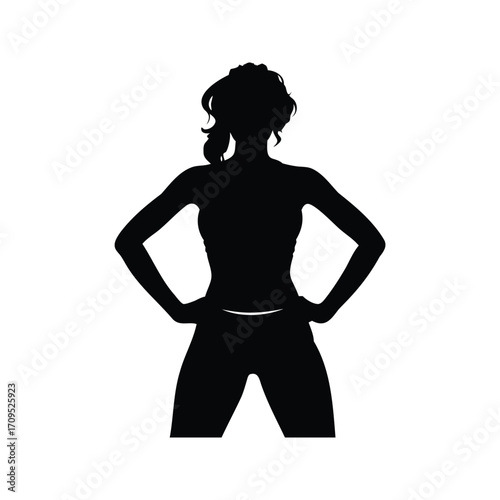 Silhouette of a woman standing with hands on hips in fitness pose, fitness woman silhouette vector illustration