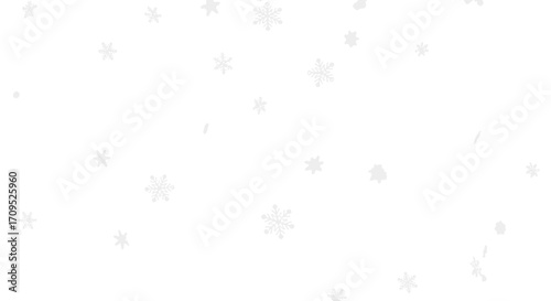 Gentle snowflakes fall softly against a clean, bright white background, creating a serene winter atmosphere.