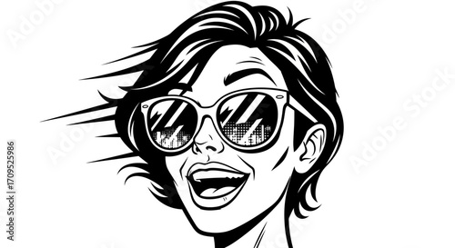 Joyful woman with windblown hair and sunglasses, reflecting city lights
