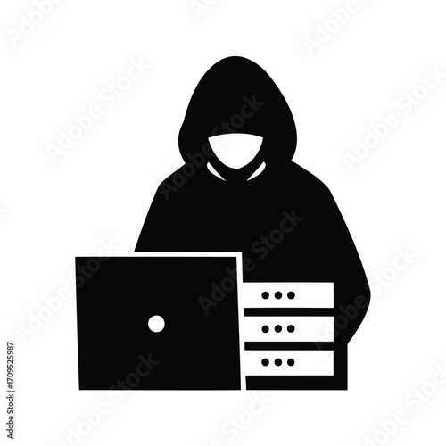 Hooded hacker attacking computer system trying to steal sensitive data information, hacker accessing server silhouette vector illustration