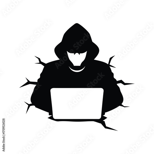 Computer Hacker Breaking Through the Digital World, Using a Laptop, Silhouette, hacker cracking encryption silhouette vector illustration