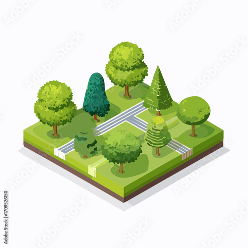 Vibrant isometric park scene with lush trees and pathways, perfect for urban planning concepts.