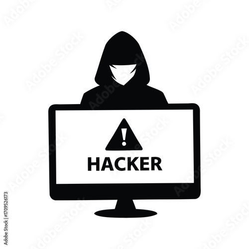 Black and white graphic of hooded hacker in front of monitor screen, hacker on computer screen with warning silhouette vector illustration