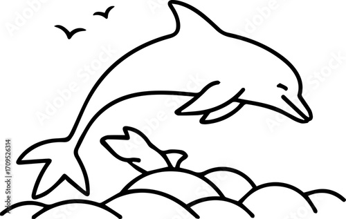 Playful dolphin leaps from ocean waves with playful pup, birds soar above