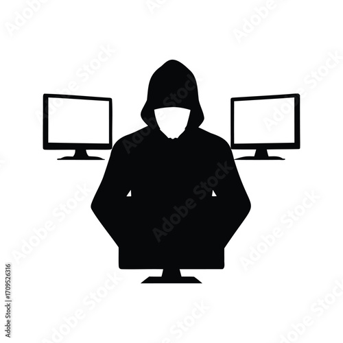 Anonymous Hacker Silhouette with Computers in Dark Coding Session in Cybercrime, hacker with multiple monitors silhouette vector illustration