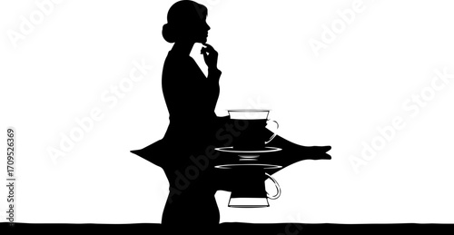 Confident businesswoman contemplating strategy with coffee in minimalist modern office reflection