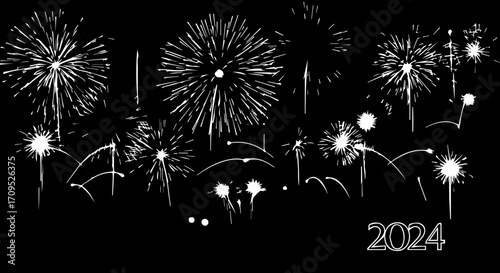 Celebrate New Year's Eve 2024 with stunning, dynamic fireworks exploding in the night sky