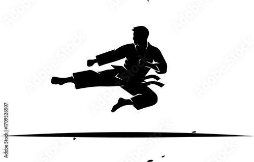 Dynamic martial artist performing powerful flying kick, embodying discipline and athletic prowess.