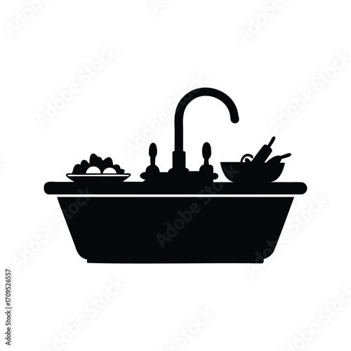 Silhouette of a kitchen sink filled with dishes and cooking utensils, kitchen sink with dishes silhouette vector illustration