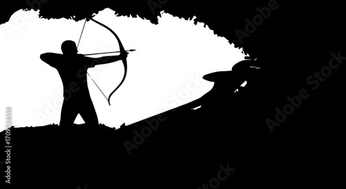 Focused archer aims bow in dynamic silhouette, symbolizing precision, skill, and achieving goals.