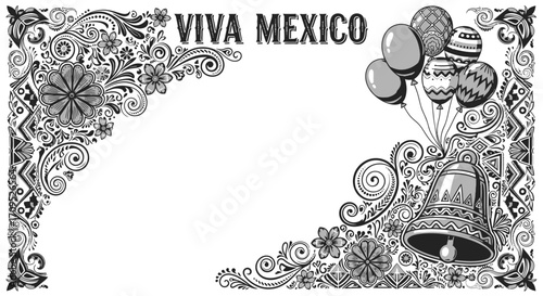Festive celebration with traditional Mexican motifs and a bell, evoking national pride.