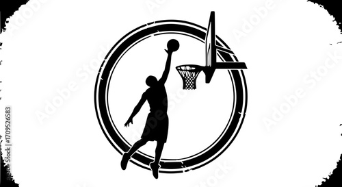 Dynamic basketball player soars for a slam dunk in a stylized circular emblem, capturing athletic action.