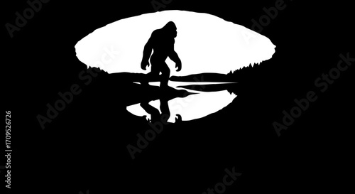 Bigfoot silhouette standing near a lake with trees and reflection in the water, mysterious
