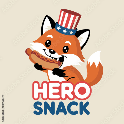 Hero snack fox vector illustration, patriotic cartoon design, independence celebration art, festive holiday graphics, cheerful liberty themed elements