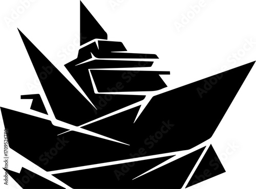 Modern black origami ship sailing through challenging waters, representing innovation and journey