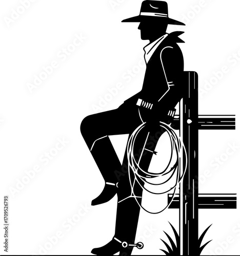 Cowboy leaning on fence with rope, embodying the spirit of the Wild West and frontier life