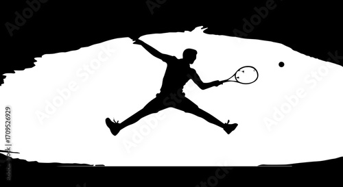 Dynamic tennis player leaping mid-air to strike ball with powerful swing