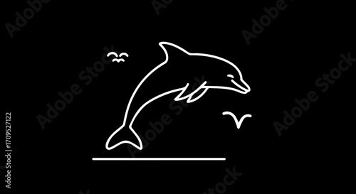 Graceful dolphin leaps from ocean waves with soaring birds, symbolizing freedom and joy.
