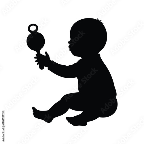 Silhouette of a baby sitting and playing with a rattle toy, newborn baby playing with rattle silhouette vector illustration