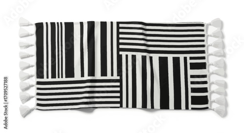 Modern black and white striped textile with decorative tassels, perfect for home decor or fashion accents.