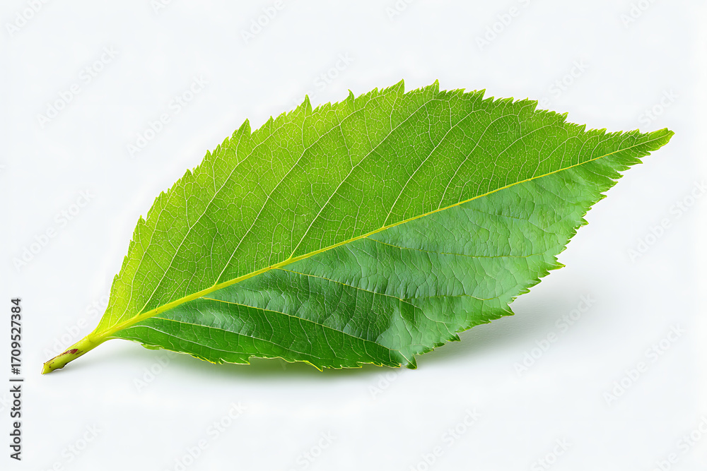 Obraz premium Vibrant green leaf lying on white background
