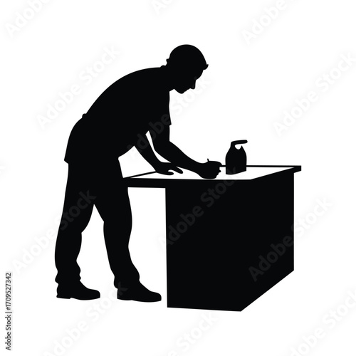 Silhouette of a man ironing clothes on an ironing board in black, person cleaning kitchen counter silhouette vector illustration