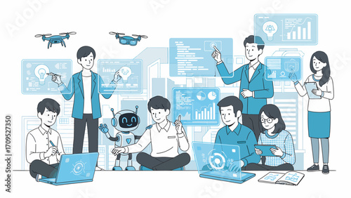 Team of engineers collaborating on innovative technology projects in modern office setting, showcasing teamwork and future tech solutions.