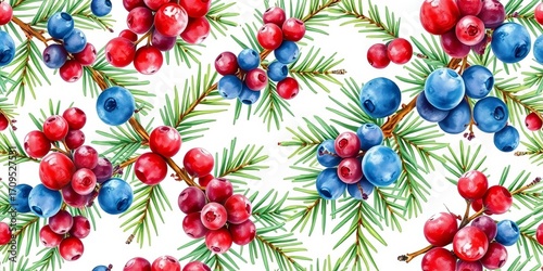 Horizontal seamless watercolor Christmas pattern featuring blue and red berries on spruce branches; cinematic style, pattern, winter pattern