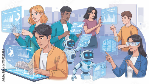 Diverse group interacts with holographic interfaces and robots in modern city, showcasing futuristic technology and collaborative innovation.